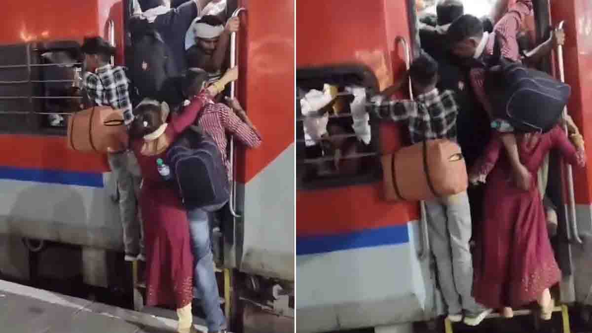 Viral train harassment video showing alleged misconduct against a young woman in a crowded moving train