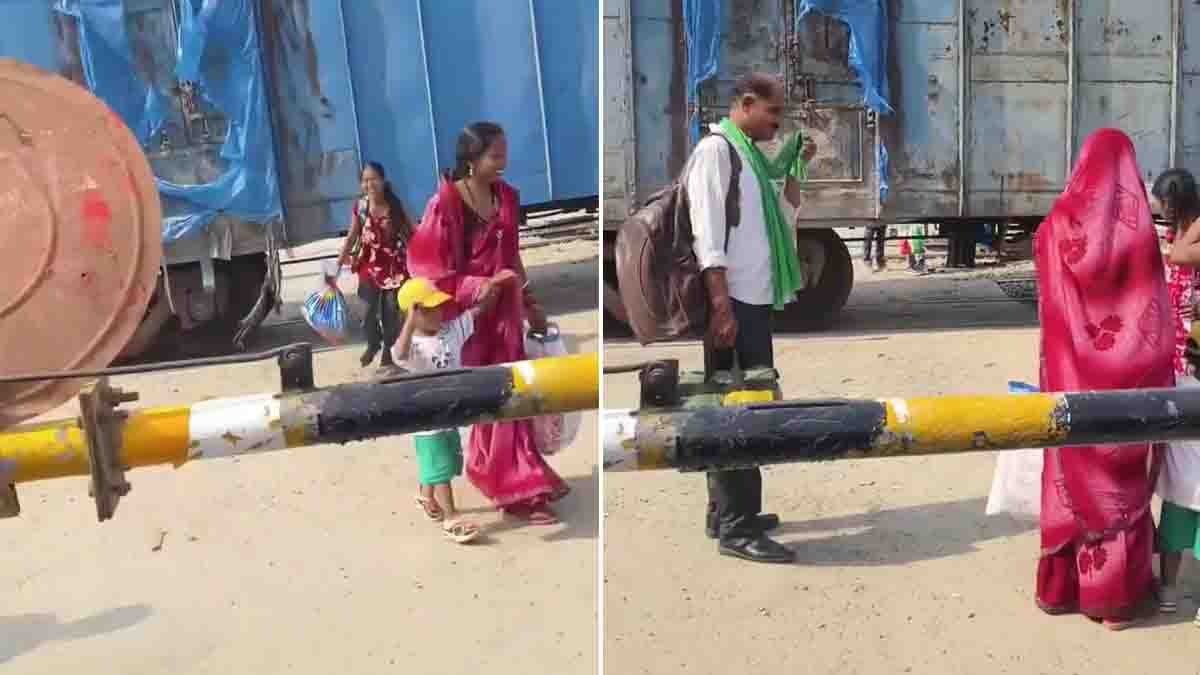 Train Viral Video shows passengers dangerously crossing beneath a moving goods train at a railway station