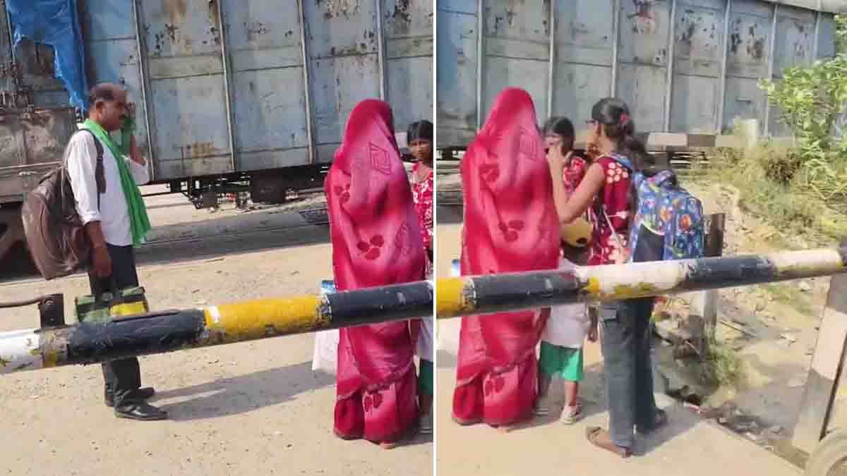 Train Viral Video shows passengers dangerously crossing beneath a moving goods train at a railway station