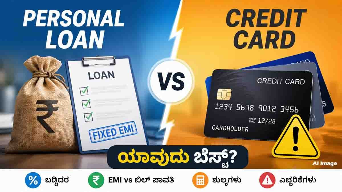Personal Loan vs Credit Card : ತುರ್ತು ಪರಿಸ್ಥಿತಿಯಲ್ಲಿ ದುಡ್ಡಿಗೆ ಎಲ್ಲಿ ಹೋಗೋದು? ಪರ್ಸನಲ್ ಲೋನ್ ಅಥವಾ ಕ್ರೆಡಿಟ್ ಕಾರ್ಡ್? 1 Personal Loan vs Credit Card comparison showing EMI, interest rates, and emergency borrowing options