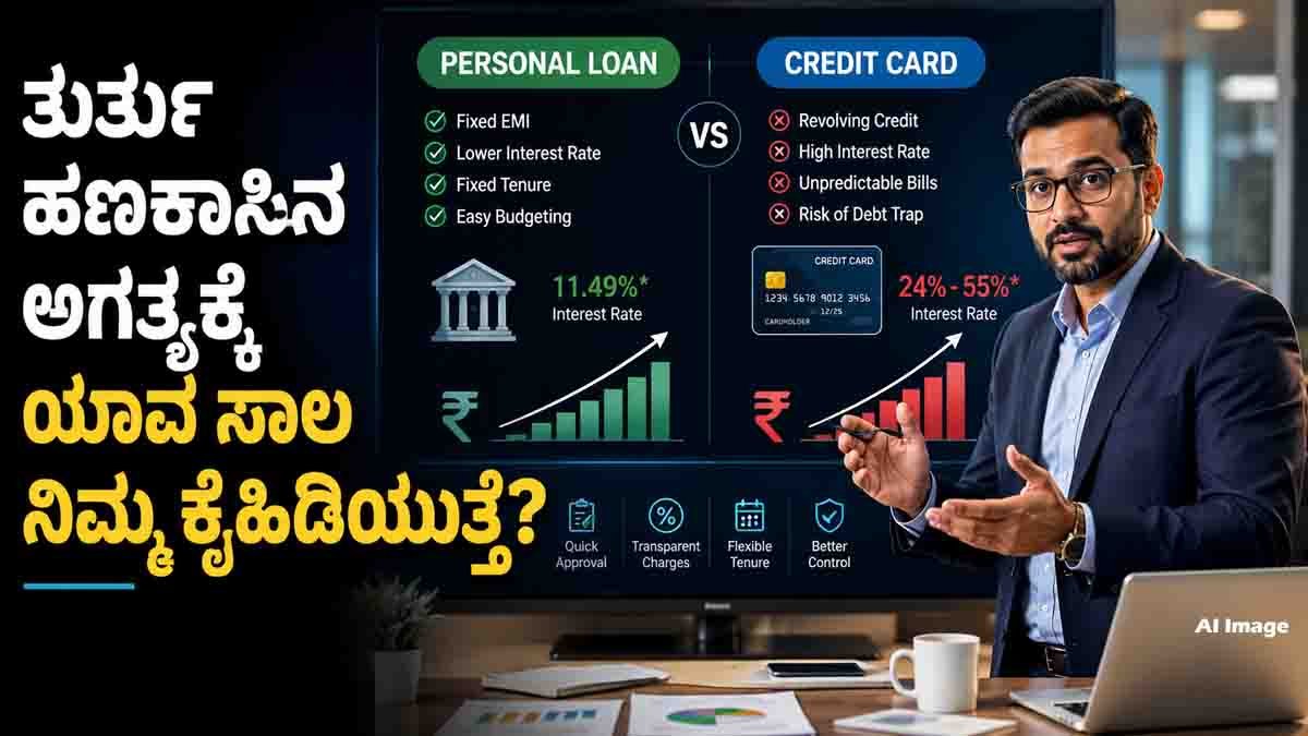 Personal Loan vs Credit Card : ತುರ್ತು ಪರಿಸ್ಥಿತಿಯಲ್ಲಿ ದುಡ್ಡಿಗೆ ಎಲ್ಲಿ ಹೋಗೋದು? ಪರ್ಸನಲ್ ಲೋನ್ ಅಥವಾ ಕ್ರೆಡಿಟ್ ಕಾರ್ಡ್? 2 Personal Loan vs Credit Card comparison showing EMI, interest rates, and emergency borrowing options