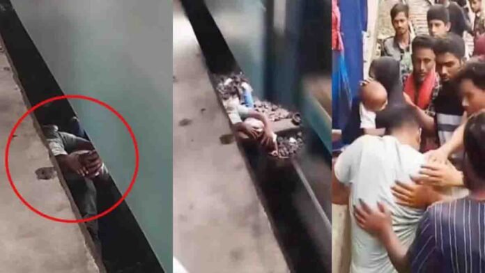 viral train rescue video showing father saving baby from gap between moving train and platform