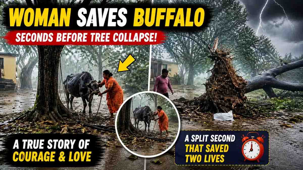 Woman saves buffalo from a falling tree during a violent storm