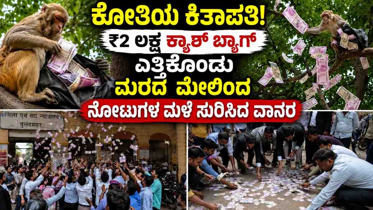 Bulandshahr Monkey Incident : ಕೋತಿಯ ಕಿತಾಪತಿ! ₹2 ಲಕ್ಷ ಕ್ಯಾಶ್ ಬ್ಯಾಗ್ ಎತ್ತಿಕೊಂಡು ಮರದ ಮೇಲಿಂದ ನೋಟುಗಳ ಮಳೆ ಸುರಿಸಿದ ವಾನರ 1 Bulandshahr Monkey Incident where a monkey snatched a ₹2 lakh cash bag and threw ₹100 and ₹500 currency notes from a tree at a registry office in Uttar Pradesh.