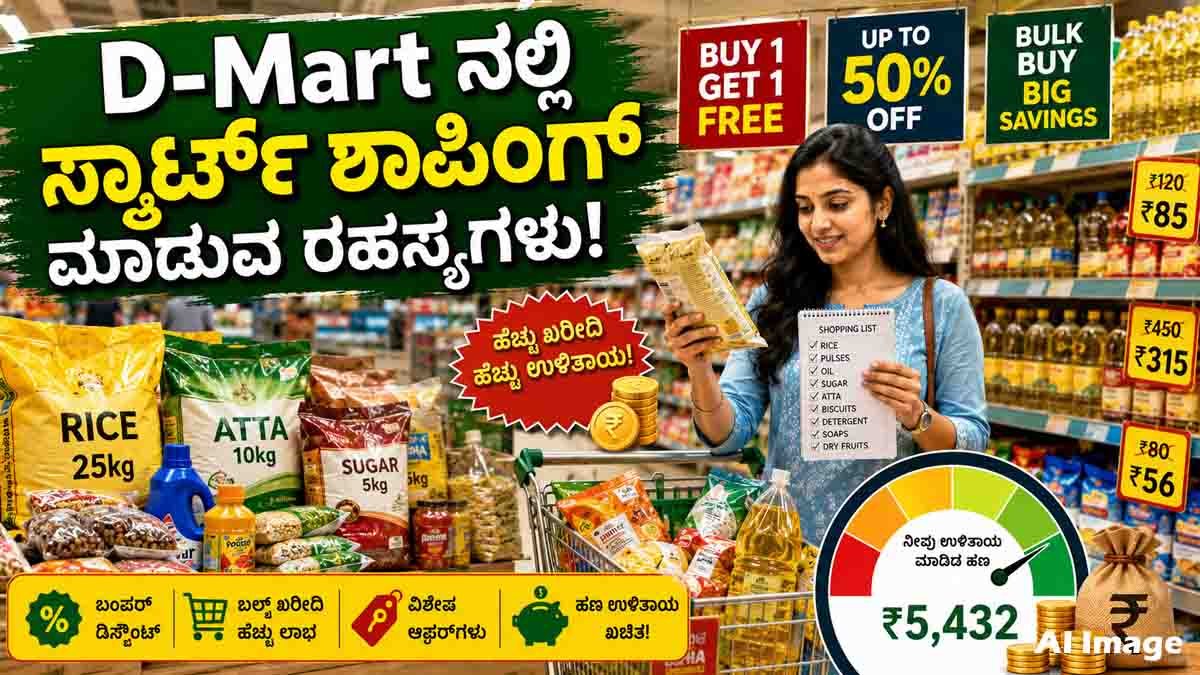 D-Mart Shopping Tips : ಯಾರಿಗೂ ತಿಳಿಯದ ಈ 7 ಸೀಕ್ರೆಟ್ ಟಿಪ್ಸ್ ಫಾಲೋ ಮಾಡಿದ್ರೆ ಹಣ ಉಳಿತಾಯ ಗ್ಯಾರಂಟಿ! 1 D-Mart Shopping Tips to save money on groceries, household essentials, bulk purchases, discounts, and special offers.