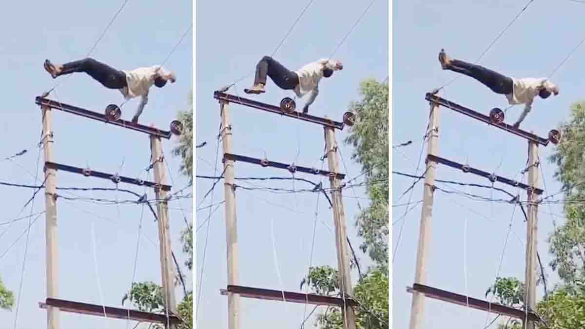 Drunk Man Viral Video showing an intoxicated man lying on 11 KV high-voltage power lines in Uttar Pradesh while villagers watch in shock.