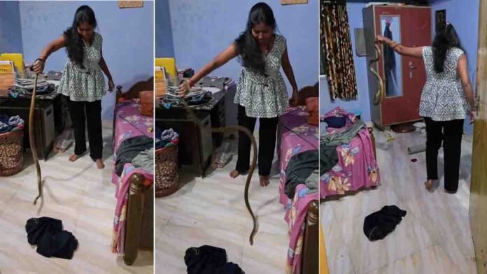 Female snake catcher rescuing a giant snake hidden inside an air conditioner during a viral rescue operation.