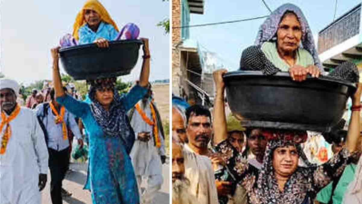Haryana Kajal Chaudhary carrying her 90-year-old mother-in-law during the sacred 260-km Braj Parikrama pilgrimage.
