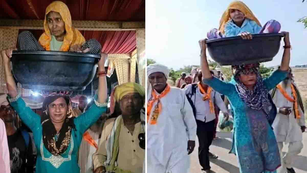 Haryana Kajal Chaudhary carrying her 90-year-old mother-in-law during the sacred 260-km Braj Parikrama pilgrimage.