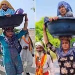 Haryana Kajal Chaudhary carrying her 90-year-old mother-in-law during the sacred 260-km Braj Parikrama pilgrimage.