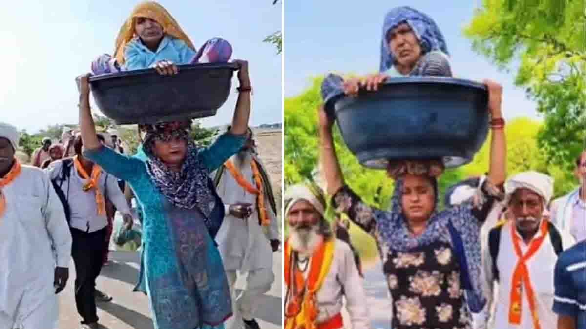 Haryana Kajal Chaudhary carrying her 90-year-old mother-in-law during the sacred 260-km Braj Parikrama pilgrimage.