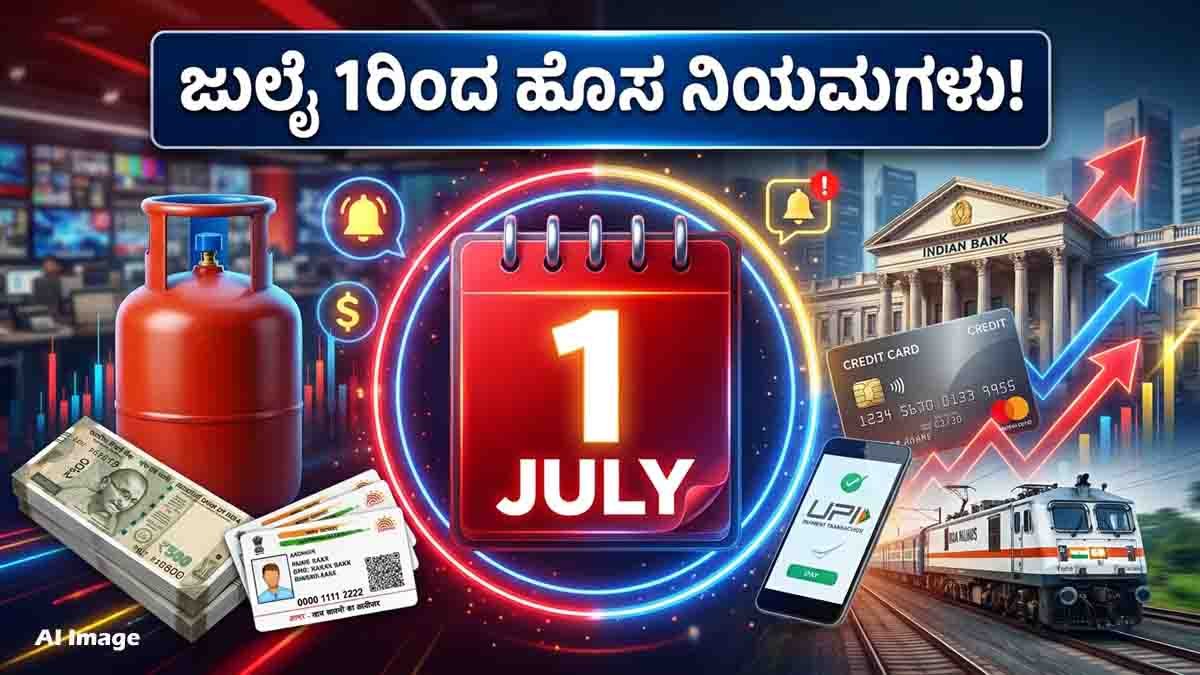 July 1 New Rules 2026 featuring LPG cylinder price changes, Aadhaar update, EPFO PF withdrawal, banking rules, FD interest rates, and railway travel updates.