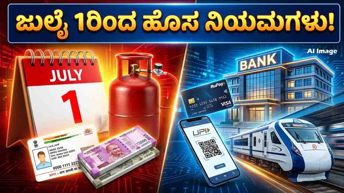 July 1 New Rules 2026 featuring LPG cylinder price changes, Aadhaar update, EPFO PF withdrawal, banking rules, FD interest rates, and railway travel updates.