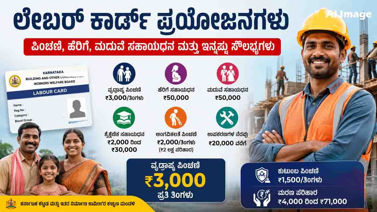 Labour Card Benefits in Karnataka including ₹3,000 monthly pension, ₹50,000 maternity assistance, marriage grant, education support and welfare schemes for construction workers