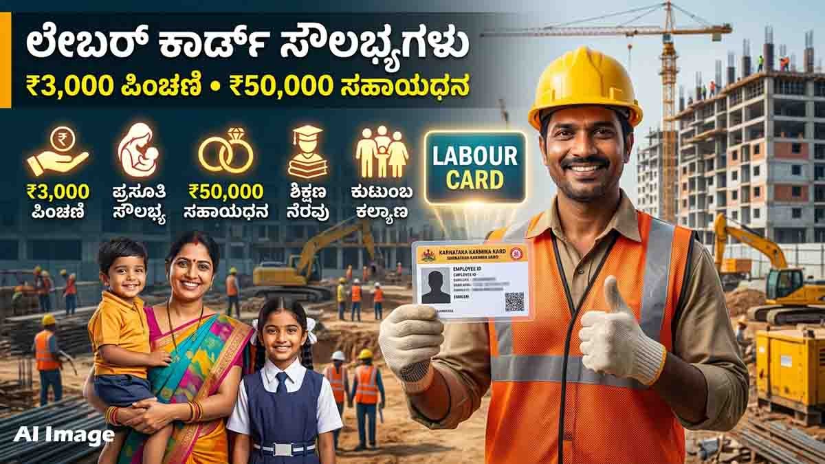 Labour Card Benefits in Karnataka including ₹3,000 monthly pension, ₹50,000 maternity assistance, marriage grant, education support and welfare schemes for construction workers