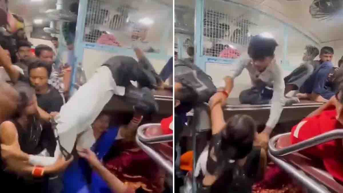 Train Fight Incident : ರೈಲಿನ ಬೋಗಿಯೇ ಕುಸ್ತಿ ಅಖಾಡವಾಯ್ತು, ಲಗೇಜ್ ವಿಚಾರಕ್ಕೆ ಯುವಕನಿಗೆ ಹಿಗ್ಗಾಮುಗ್ಗಾ ಥಳಿಸಿದ ಮಹಿಳೆ...! 2 Train Fight Incident involving a woman and a young man inside a crowded Indian railway coach as passengers look on in shock.
