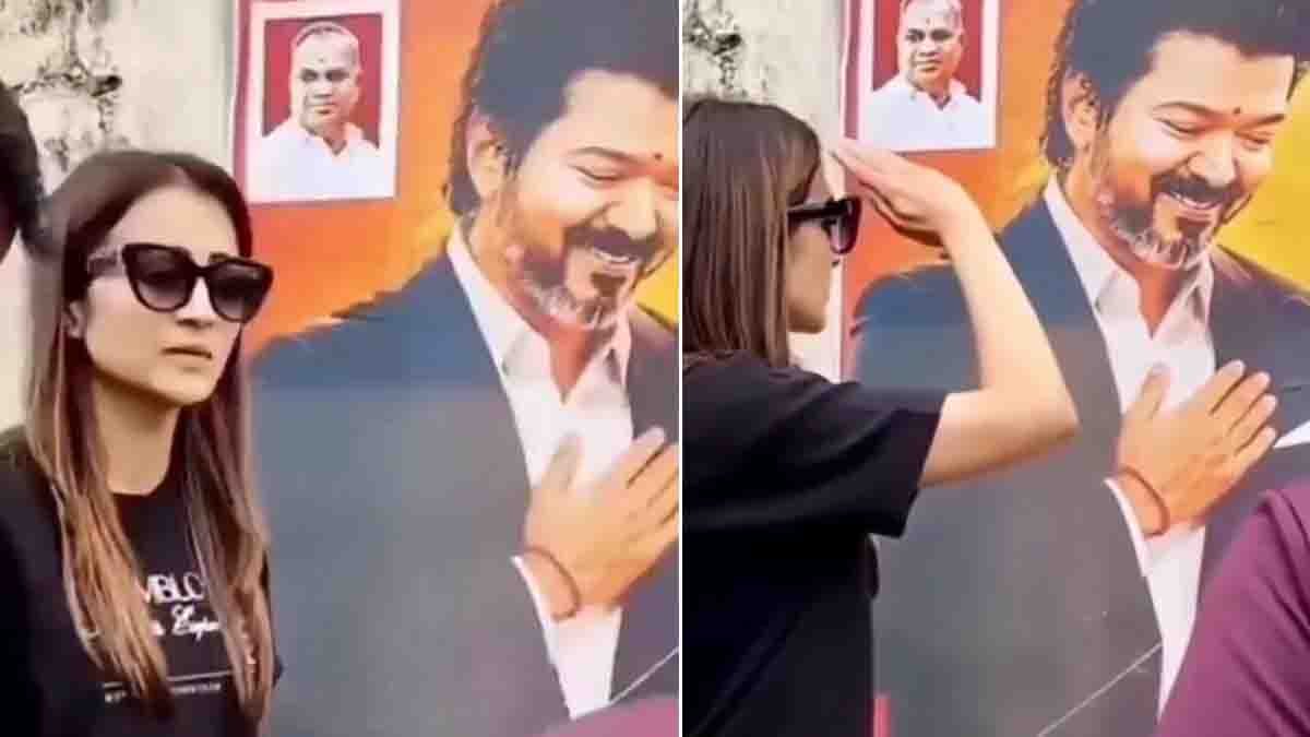 Actress Trisha playfully interacting with Tamil Nadu CM Vijay's poster in a viral social media video