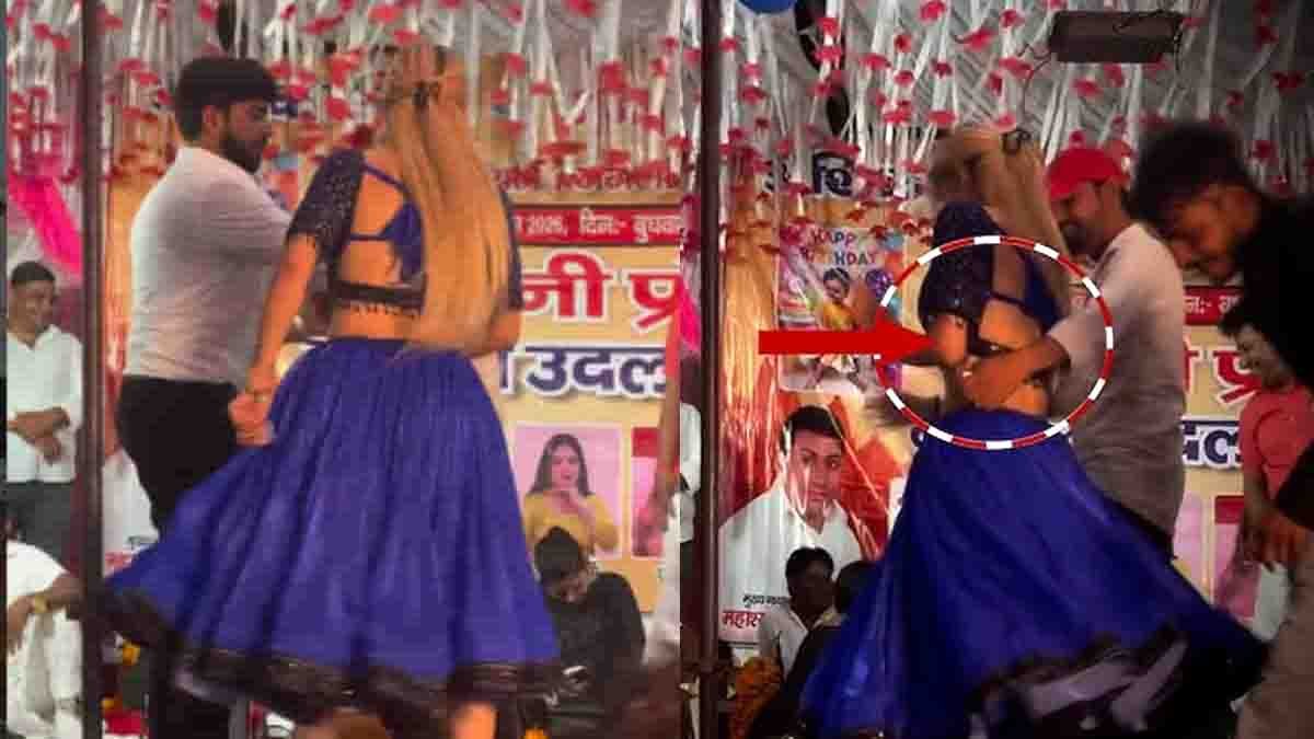 Female dancer slaps a man on stage after alleged inappropriate behavior during a public dance performance.