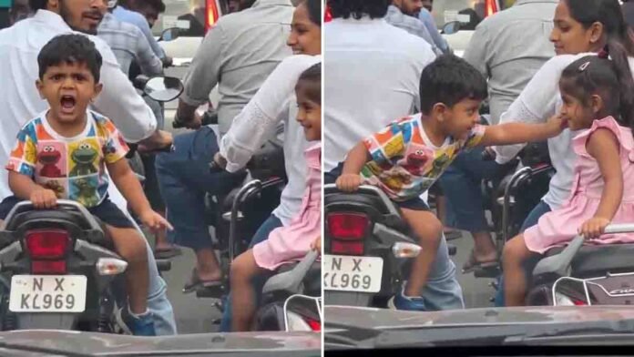Funny boy sitting on a scooter gives a hilarious facial expression in a viral social media video.