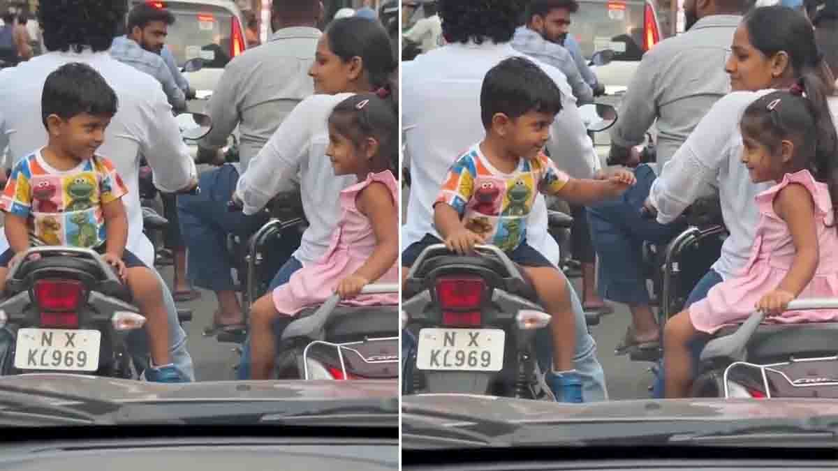 Funny boy sitting on a scooter gives a hilarious facial expression in a viral social media video.