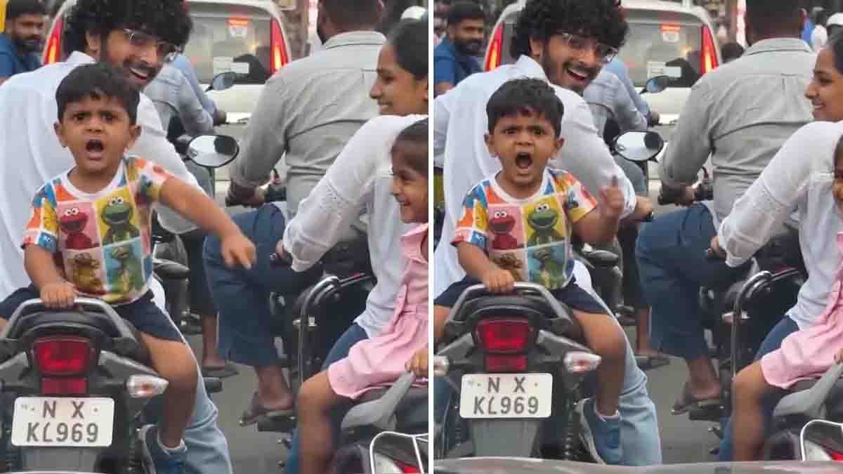 Funny boy sitting on a scooter gives a hilarious facial expression in a viral social media video.