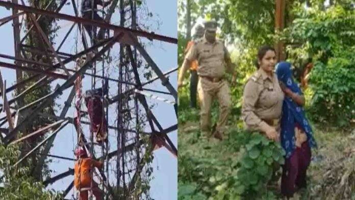 Gonda woman video showing a mother sitting atop a 120-foot mobile tower with her five-year-old child during a dramatic rescue operation in Uttar Pradesh.