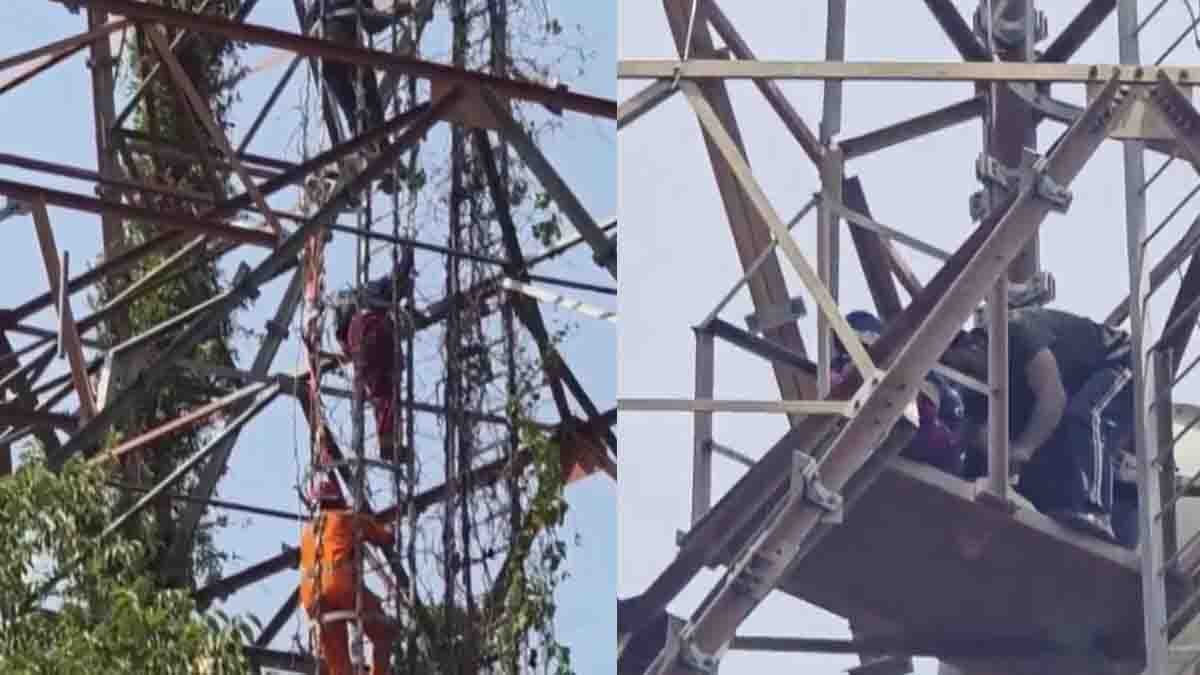 Gonda woman video showing a mother sitting atop a 120-foot mobile tower with her five-year-old child during a dramatic rescue operation in Uttar Pradesh.