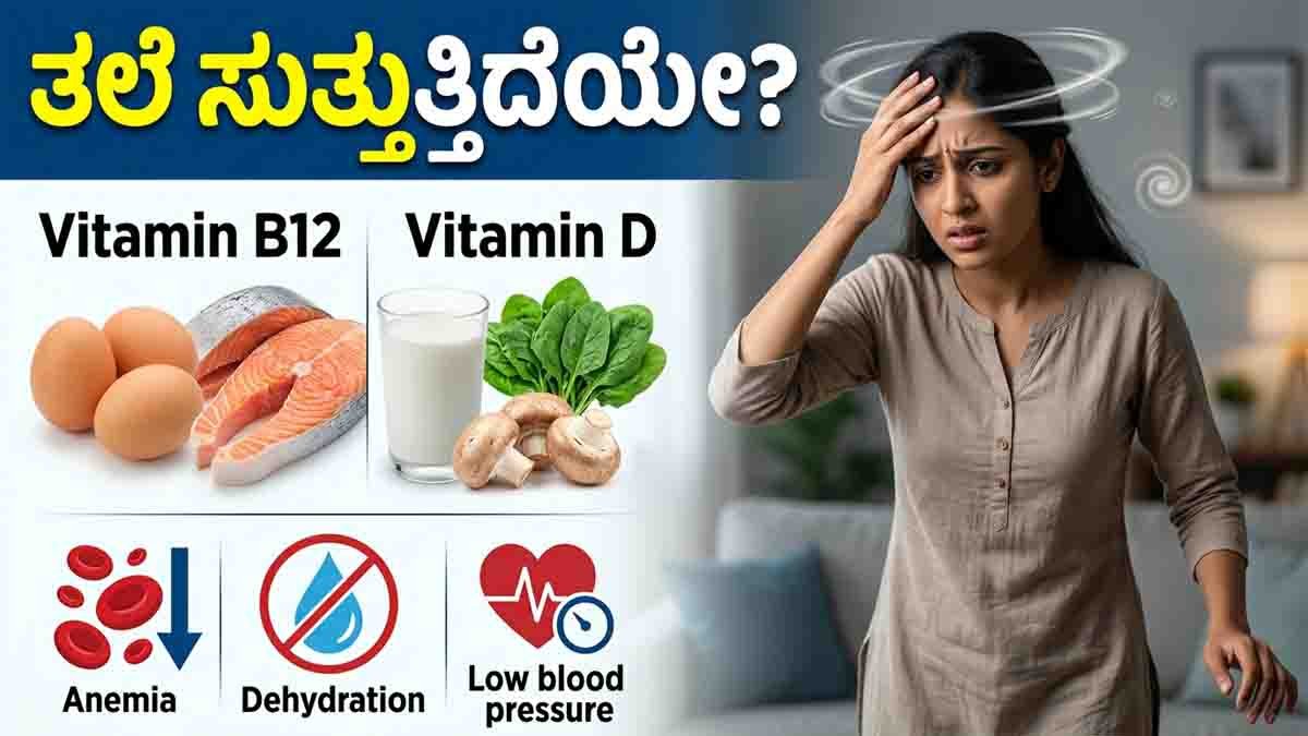 Health Tips : ಪದೇ ಪದೇ ತಲೆಸುತ್ತು ಬರುತ್ತಿದೆಯೇ? ಲೈಟಾಗಿ ತಗೋಬೇಡಿ, ಇದು ಗಂಭೀರ ಸಮಸ್ಯೆಯಿರಬಹುದು! 2 Health Tips showing a woman experiencing dizziness after standing up due to Vitamin B12 deficiency, anemia, dehydration, or low blood pressure.