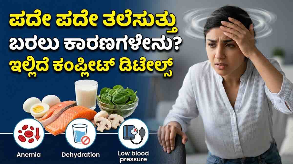 Health Tips : ಪದೇ ಪದೇ ತಲೆಸುತ್ತು ಬರುತ್ತಿದೆಯೇ? ಲೈಟಾಗಿ ತಗೋಬೇಡಿ, ಇದು ಗಂಭೀರ ಸಮಸ್ಯೆಯಿರಬಹುದು! 1 Health Tips showing a woman experiencing dizziness after standing up due to Vitamin B12 deficiency, anemia, dehydration, or low blood pressure.