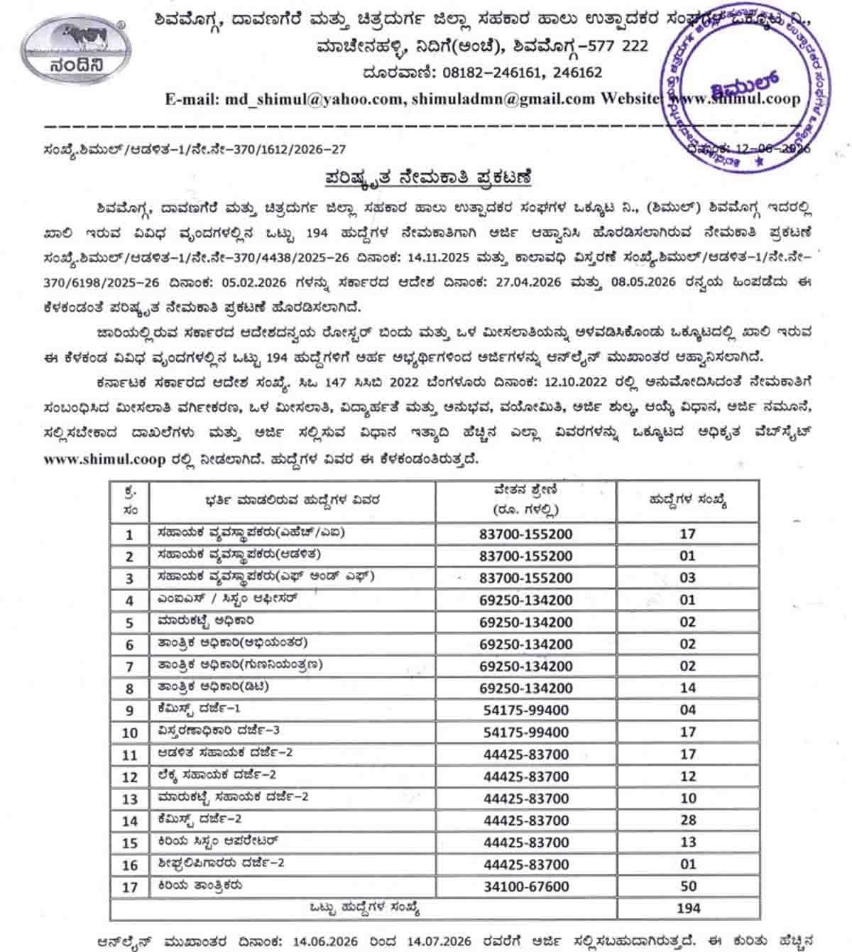 KMF SHIMUL Recruitment 2026 notification for 194 vacancies including Assistant Manager and Junior Technician posts in Karnataka