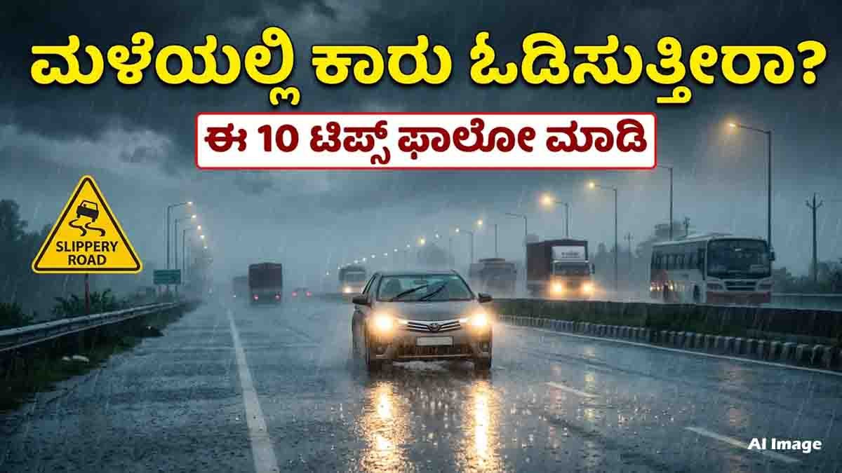 Monsoon driving tips: Follow these 10 essential rain safety rules for cars, including tyre checks, safe braking, headlights, speed control and road safety.