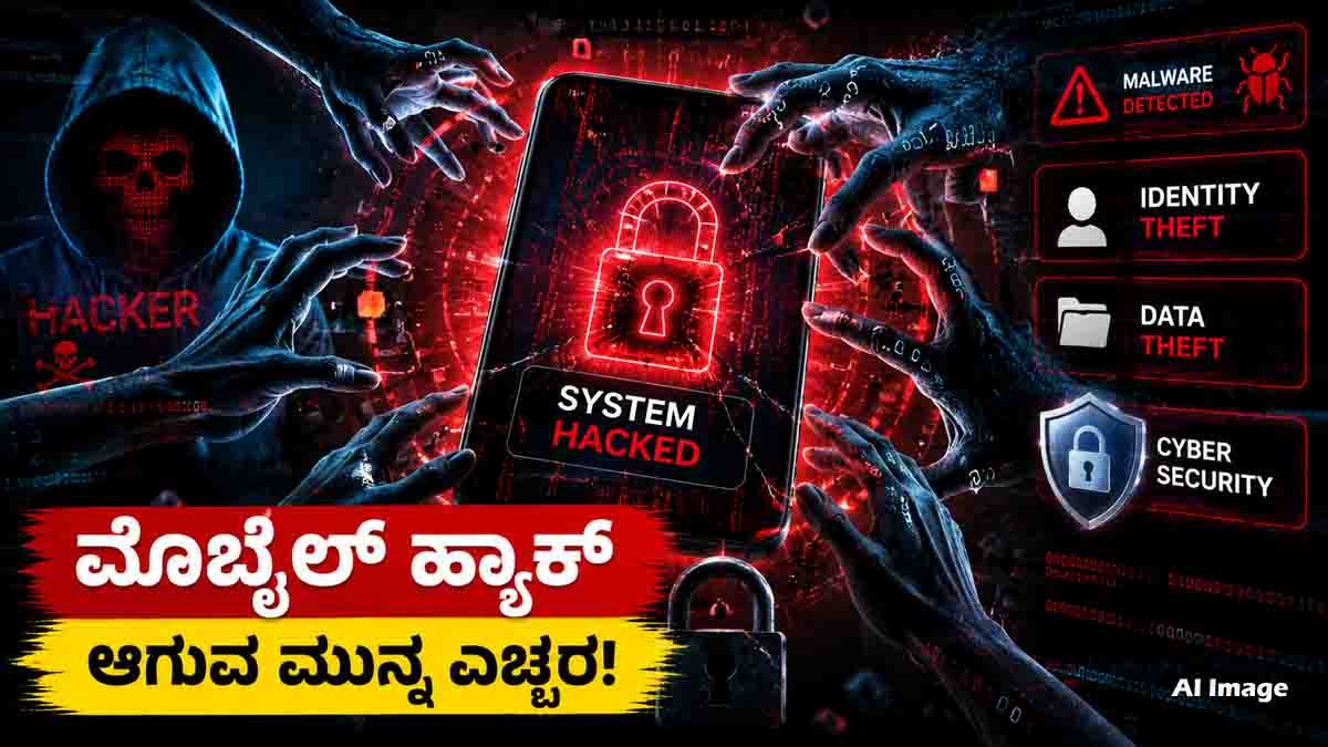 ನಿಮ್ಮ ಫೋನ್ ಹ್ಯಾಕ್ (Phone Hacked Signs) ಆಗಿದೆಯೇ ಎಂದು ಅನುಮಾನವೇ? ಈ 5 ಲಕ್ಷಣಗಳು ಕಂಡುಬಂದರೆ ತಕ್ಷಣ ಎಚ್ಚರವಹಿಸಿ! 3 Phone hacked signs showing overheating smartphone, fast battery drain, unknown apps, unusual data usage, and cybersecurity warning.