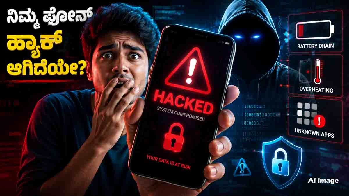 ನಿಮ್ಮ ಫೋನ್ ಹ್ಯಾಕ್ (Phone Hacked Signs) ಆಗಿದೆಯೇ ಎಂದು ಅನುಮಾನವೇ? ಈ 5 ಲಕ್ಷಣಗಳು ಕಂಡುಬಂದರೆ ತಕ್ಷಣ ಎಚ್ಚರವಹಿಸಿ! 2 Phone hacked signs showing overheating smartphone, fast battery drain, unknown apps, unusual data usage, and cybersecurity warning.