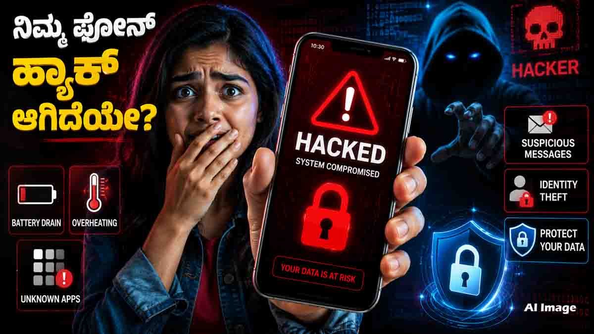 Phone hacked signs showing overheating smartphone, fast battery drain, unknown apps, unusual data usage, and cybersecurity warning.