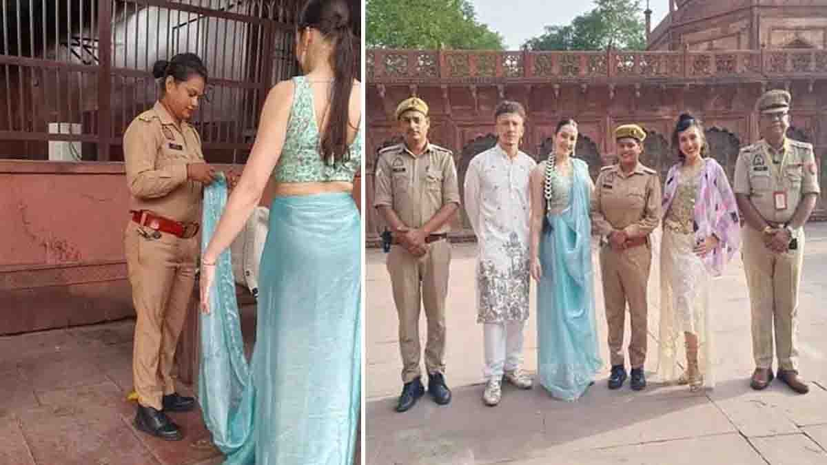 Argentine Tourist Saree Video goes viral after UP Police constable Guddi Devi helps a tourist wear a saree at the Taj Mahal, winning hearts globally.