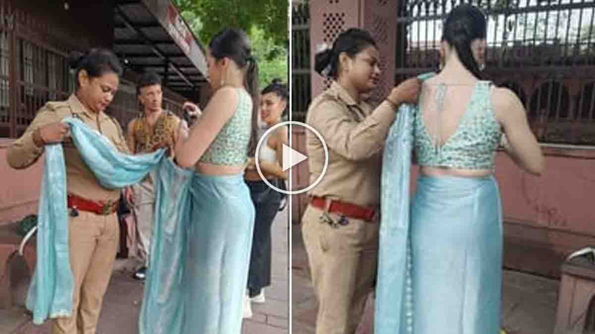 Argentine Tourist Saree Video goes viral after UP Police constable Guddi Devi helps a tourist wear a saree at the Taj Mahal, winning hearts globally.