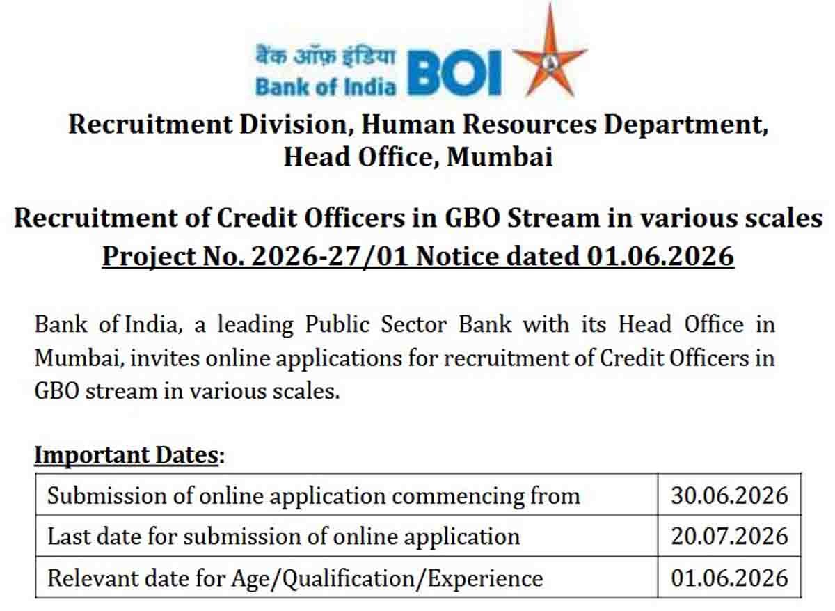 BOI Credit Officer Recruitment 2026 notification for 779 Credit Officer vacancies with eligibility, salary, online application and last date.