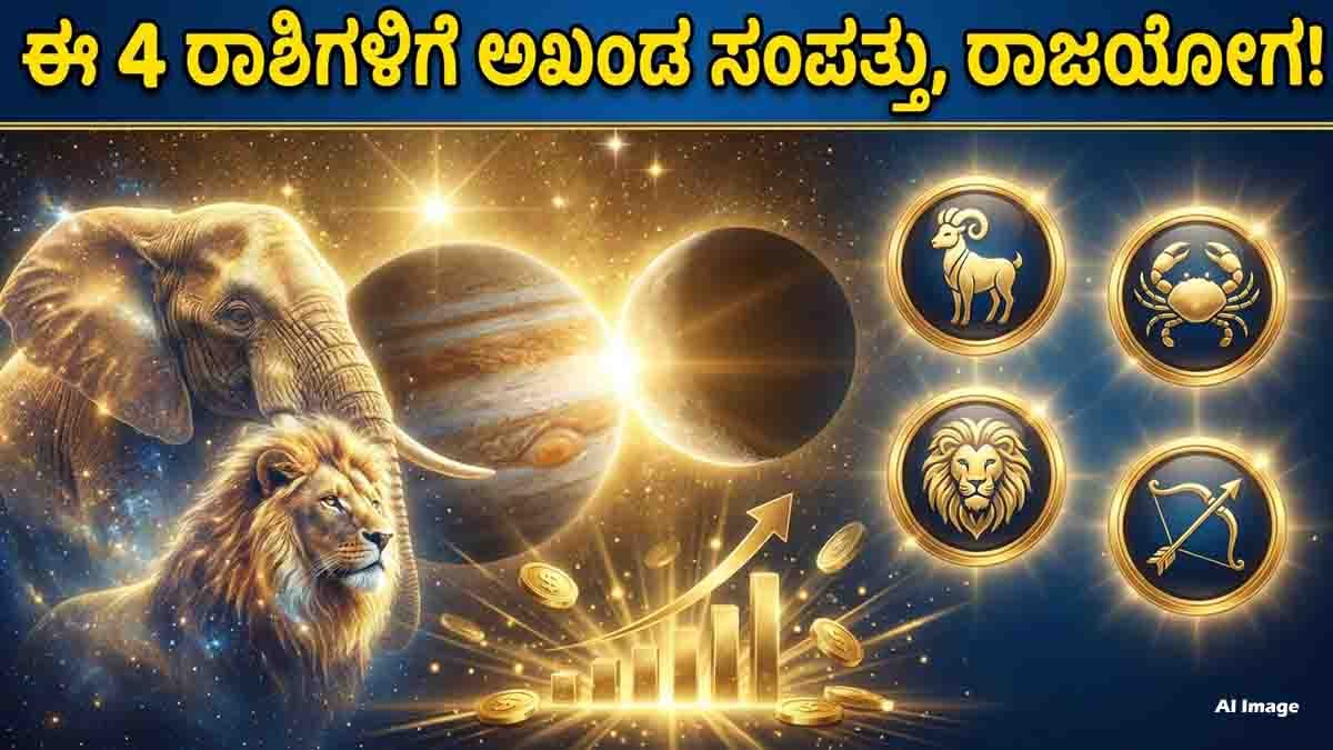 Gajakesari Rajyoga from July 14 brings career growth, wealth, and good fortune for Aries, Cancer, Leo, and Sagittarius zodiac signs.