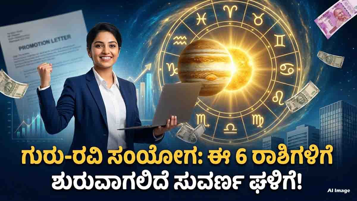 Job Astrology : ಮುಂದಿನ 30 ದಿನ ಈ 6 ರಾಶಿಯವರಿಗೆ ಭರ್ಜರಿ ಲಾಭ, ಹೊಸ ಅವಕಾಶಗಳ ಸುರಿಮಳೆ, ಆ ರಾಶಿಗಳು ಯಾವುವು? 3 Job Astrology prediction showing Jupiter-Sun Conjunction 2026 bringing promotions, new job opportunities, overseas careers, and financial growth for six lucky zodiac signs.