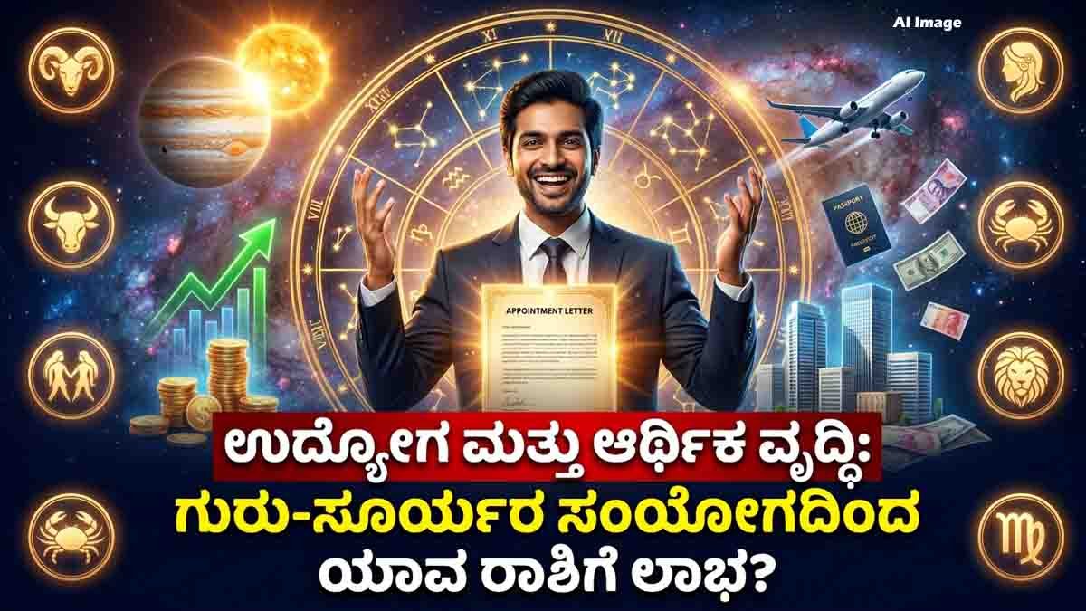Job Astrology : ಮುಂದಿನ 30 ದಿನ ಈ 6 ರಾಶಿಯವರಿಗೆ ಭರ್ಜರಿ ಲಾಭ, ಹೊಸ ಅವಕಾಶಗಳ ಸುರಿಮಳೆ, ಆ ರಾಶಿಗಳು ಯಾವುವು? 1 Job Astrology prediction showing Jupiter-Sun Conjunction 2026 bringing promotions, new job opportunities, overseas careers, and financial growth for six lucky zodiac signs.