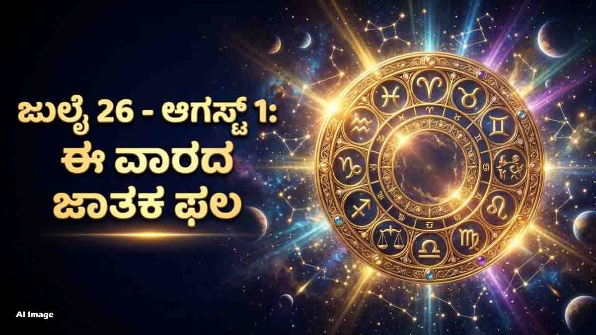 Weekly Horoscope : ವಾರ ಭವಿಷ್ಯ (ಜುಲೈ 26 - ಆಗಸ್ಟ್ 1, 2026), ಈ ವಾರ ನಿಮ್ಮ ಅದೃಷ್ಟ ಬದಲಾಗಲಿದೆಯೇ? ಯಾವ ರಾಶಿಗಳಿಗೆ ಉದ್ಯೋಗ ಮತ್ತು ವಿವಾಹ ಯೋಗ? 4 Weekly Horoscope July 26 to August 1, 2026 featuring predictions for Aries to Pisces covering career, money, business, love, and family life.