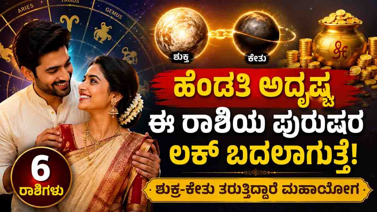 Wife Luck Zodiac Signs : ಹೆಂಡತಿ ಅದೃಷ್ಟವಂತೆ ಆಗಿದ್ದರೆ ಈ ರಾಶಿಯ ಪುರುಷರ ಲಕ್ ಬದಲಾಗುತ್ತೆ! ಶುಕ್ರ-ಕೇತು ತರುತ್ತಿದ್ದಾರೆ ಮಹಾಯೋಗ 1 Wife Luck Zodiac Signs: Venus-Ketu Raj Yoga may bring wealth, success, and prosperity to six zodiac men through their spouse's fortune.