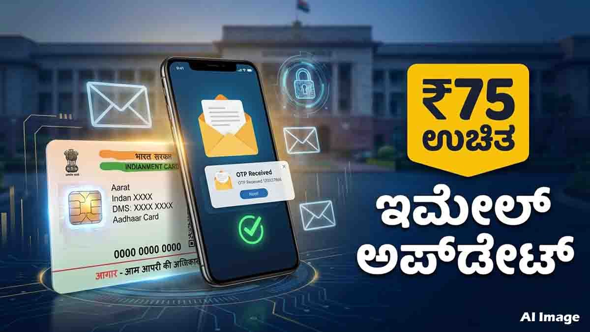 Aadhaar Email Update : ಆಧಾರ್ ಬಳಕೆದಾರರಿಗೆ ಭರ್ಜರಿ ಗುಡ್ ನ್ಯೂಸ್: ಡಿಸೆಂಬರ್ 31 ರವರೆಗೆ ಉಚಿತವಾಗಿ ಇಮೇಲ್ ಐಡಿ ಲಿಂಕ್ ಮಾಡಲು ಅವಕಾಶ! 1 Aadhaar Email Update 2026 showing free Gmail ID linking and email update service available until December 31, 2026.