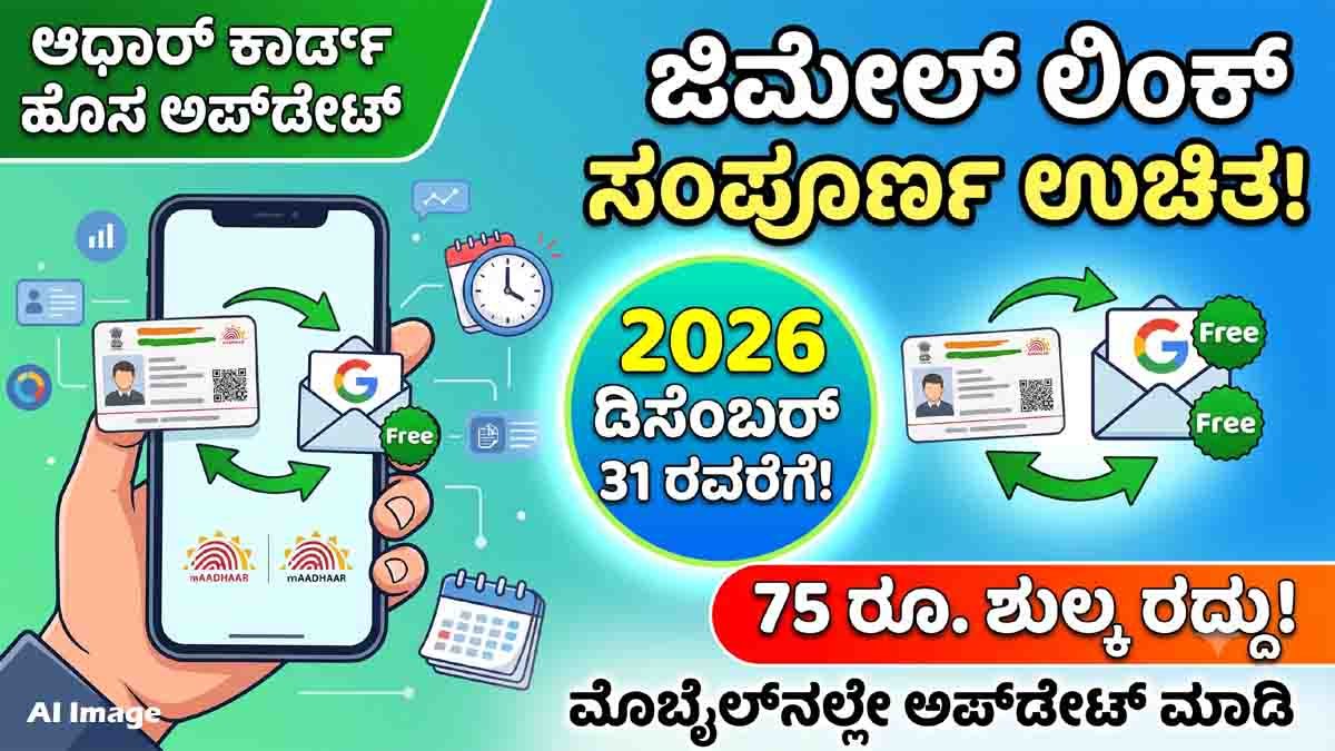 Aadhaar Email Update 2026 showing free Gmail ID linking and email update service available until December 31, 2026.
