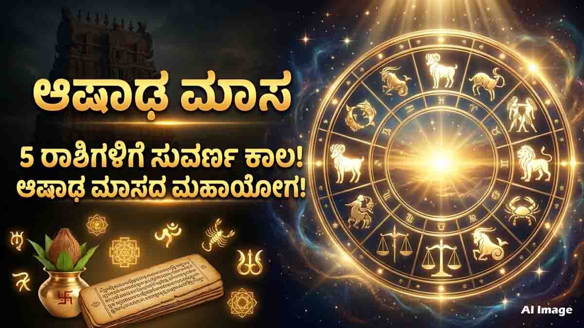 Ashadha Masa Astrology showing the five lucky zodiac signs Aries, Gemini, Leo, Libra, and Capricorn with a glowing zodiac wheel and golden cosmic background.