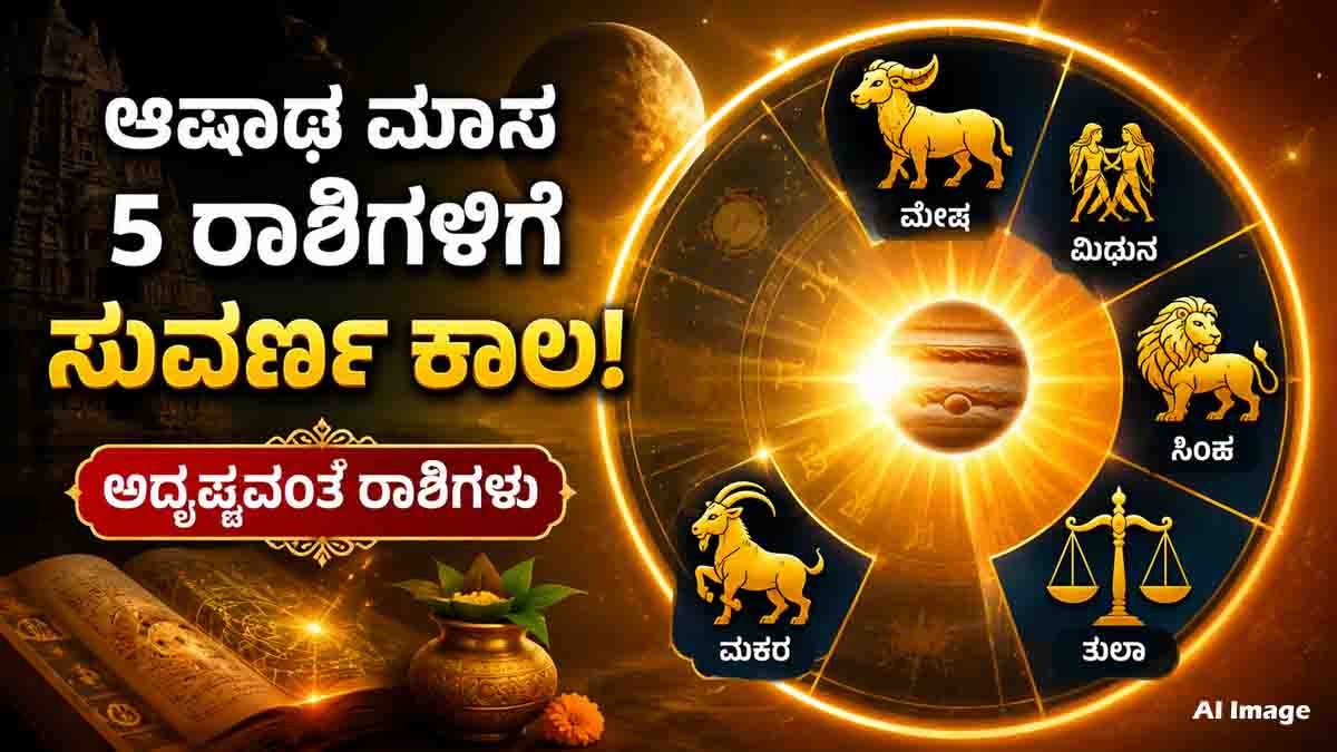 Ashadha Masa Astrology showing the five lucky zodiac signs Aries, Gemini, Leo, Libra, and Capricorn with a glowing zodiac wheel and golden cosmic background.