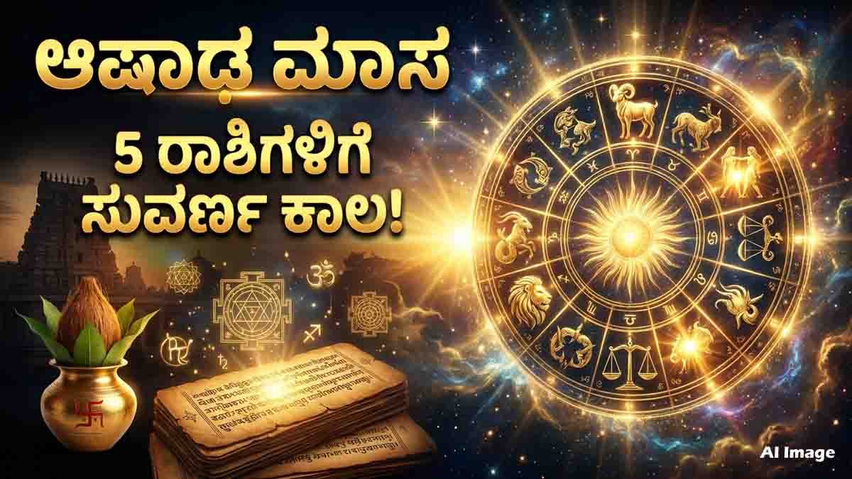 Ashadha Masa Astrology showing the five lucky zodiac signs Aries, Gemini, Leo, Libra, and Capricorn with a glowing zodiac wheel and golden cosmic background.