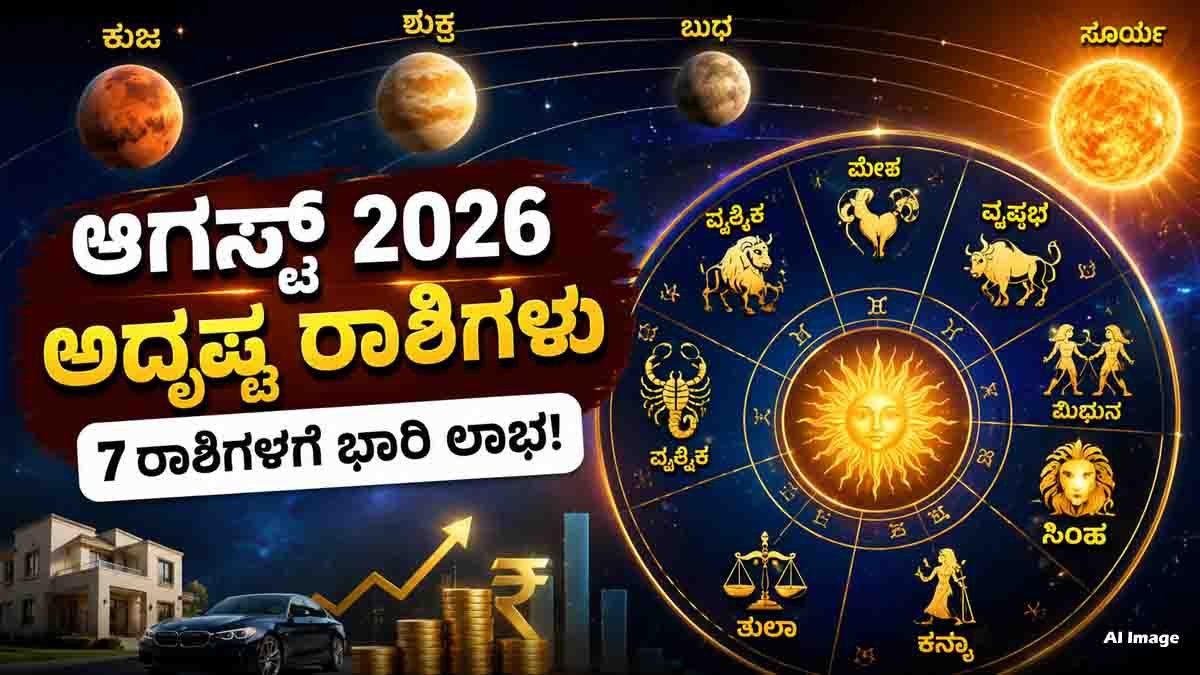 Lucky Zodiac Signs : ಈ 7 ರಾಶಿಯವರಿಗೆ ಹೊಡೆಯಲಿದೆ ಜಾಕ್ಪಾಟ್! ಗ್ರಹಗಳ ಮಹಾ ಬದಲಾವಣೆಯಿಂದ ಶುರುವಾಗಲಿದೆ ಸುವರ್ಣ ಕಾಲ...! 4 Lucky Zodiac Signs in August 2026 featuring Aries, Taurus, Gemini, Leo, Virgo, Libra, and Scorpio benefiting from Mars, Venus, Mercury, and Sun planetary transits with wealth, career growth, and prosperity.