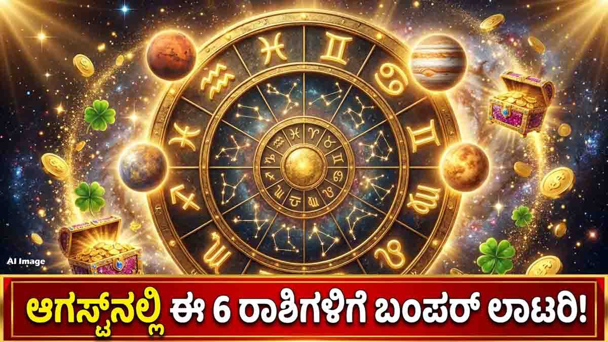 August Month Astrology : ಆಗಸ್ಟ್ 2 ರಿಂದ ಶುರುವಾಗಲಿದೆ ಈ ರಾಶಿಗಳ ಸುವರ್ಣಯುಗ! ಲಿಸ್ಟ್ನಲ್ಲಿ ನಿಮ್ಮ ರಾಶಿ ಇದೆಯಾ? 1 August month astrology 2026 showing four major planetary transits bringing wealth, career success, Raj Yoga, and good fortune to six lucky zodiac signs.