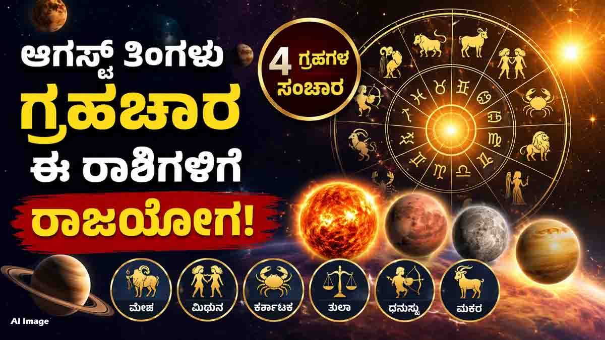 August month astrology 2026 showing four major planetary transits bringing wealth, career success, Raj Yoga, and good fortune to six lucky zodiac signs.